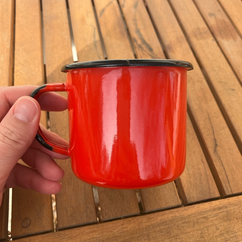 Vintage Scarlet Enamel Mug with Black Rim Made in Poland